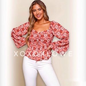 Retro Floral Print Long Sleeve Top Pull Tab Ruching